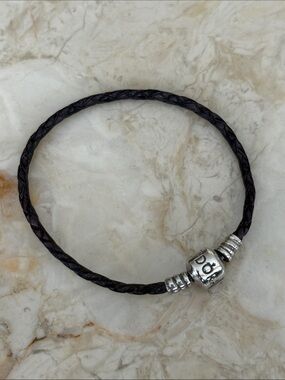 Pandora Moments Braided Leather Sterling Silver Barrel Clasp Charm Bracelet